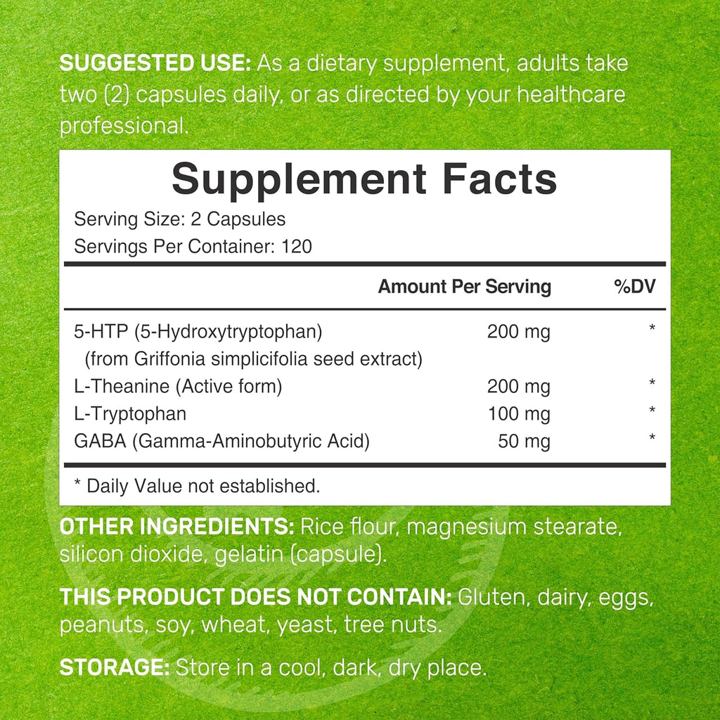 Deal Supplement 5-HTP 200Mg per Serving, 240 Capsules, 98% African Derived Griffonia Seed Extract | 4 in 1 Formula | plus Active L Theanine, L Tryptophan, & GABA | Relaxation Support Supplement
