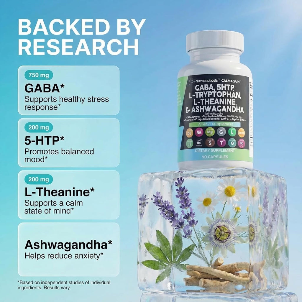 Clean Nutraceuticals GABA 750Mg 5 HTP 200Mg L Tryptophan 500Mg L Theanine 200Mg Ashwagandha Sam-E L-Glycine - Mood Support Vitamins for Women and Men with L-Tyrosine 5-HTP (5-Hydroxytryptophan)