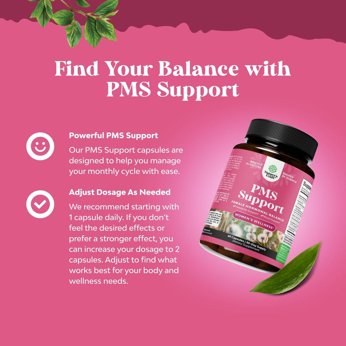 PMS Support Supplement for Women – Hormone Balance for Women & Menstrual Discomfort with DIM, Chasteberry, Black Cohosh & Ashwagandha - for Period Cramps Ease, Menopause Bloating, Mood Swing – 60 Ct