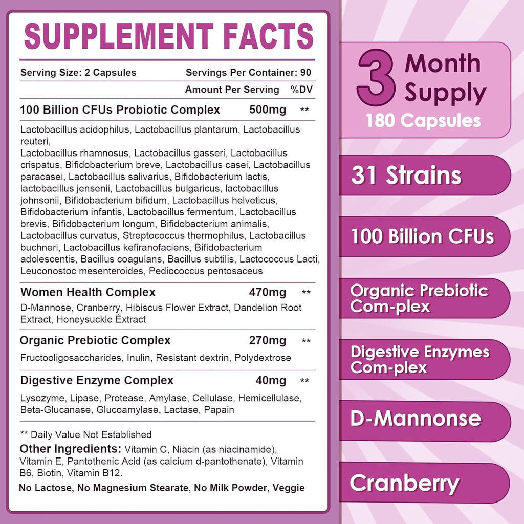 NATURE TARGET Probiotics for Women, 100 Billion Cfus Probiotic with Digestive Enzymes & Prebiotics, Vaginal Probiotics with Cranberry for Urinary Tract Health, Ph Balance, 180 Veggie Capsules