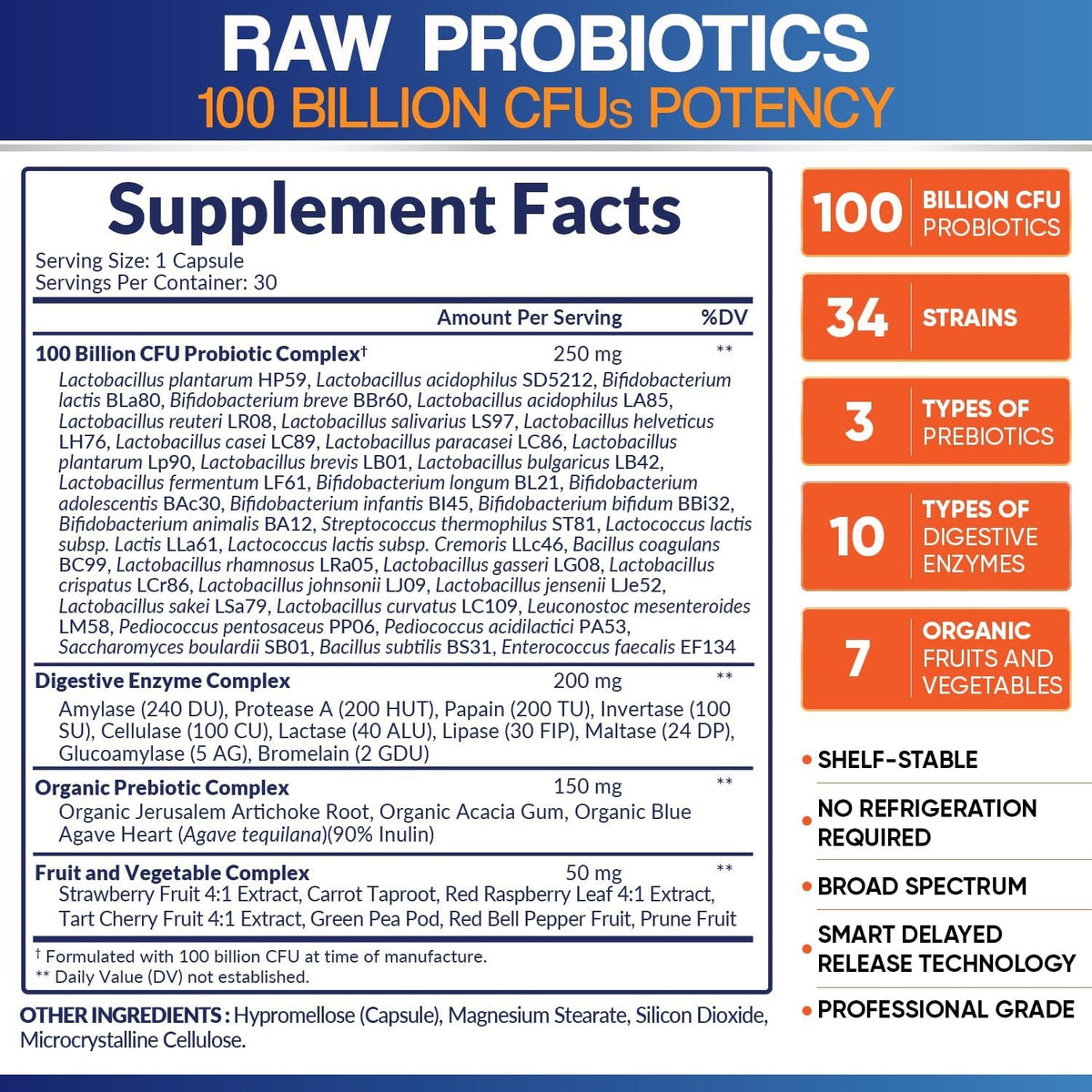 Wholesome Wellness Organic Raw Probiotics 100 Billion CFU, Dr Formulated for Women and Men, Complete Adult Supplement with Prebiotics and Digestive Enzymes; 30 Capsules, Shelf Stable