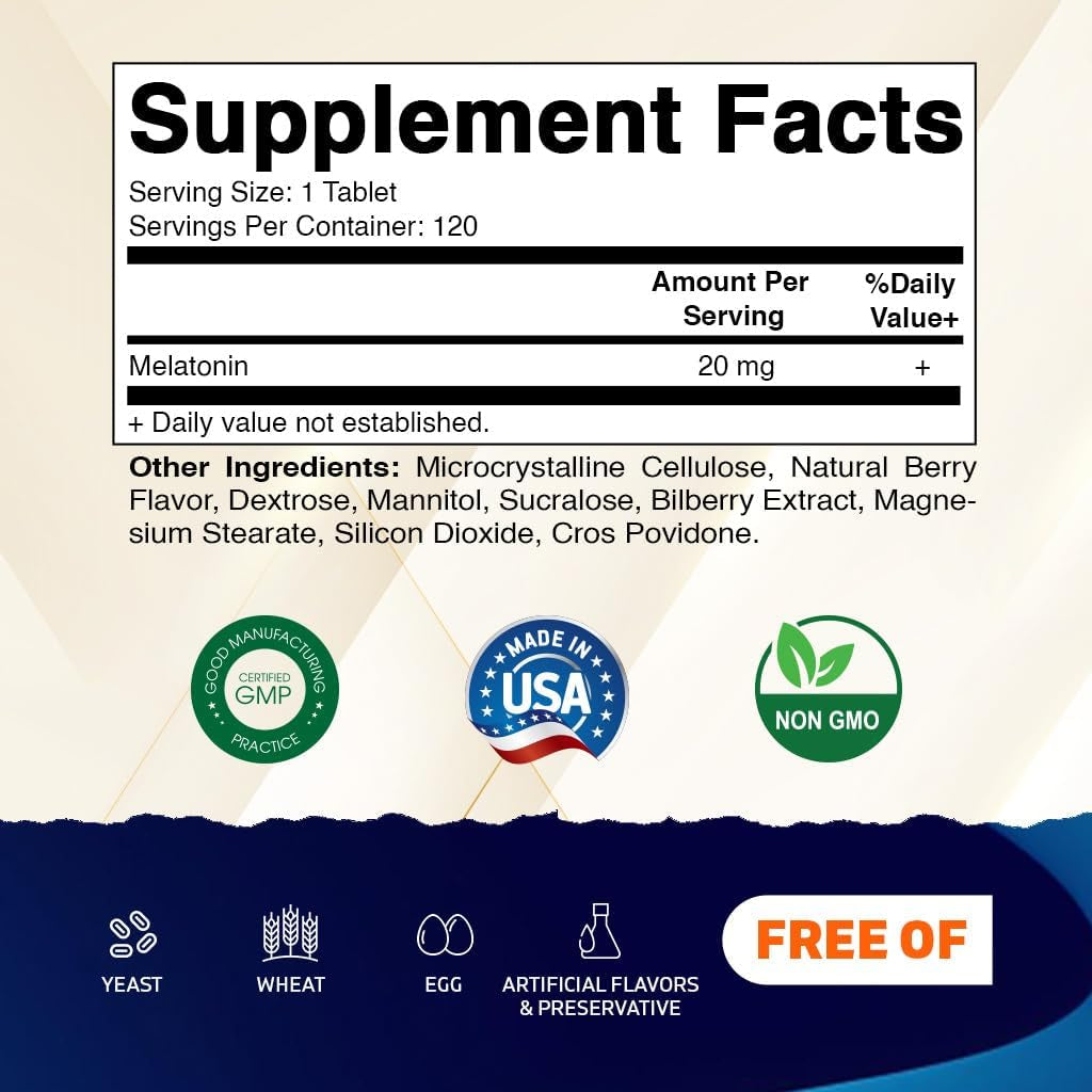 Vitamatic Melatonin 20Mg for Sleep Support | Vegetarian, Non-Gmo, Gluten Free | HIGH Potency 20 MG | Natural Berry Flavor 120 Fast Dissolve Tablets
