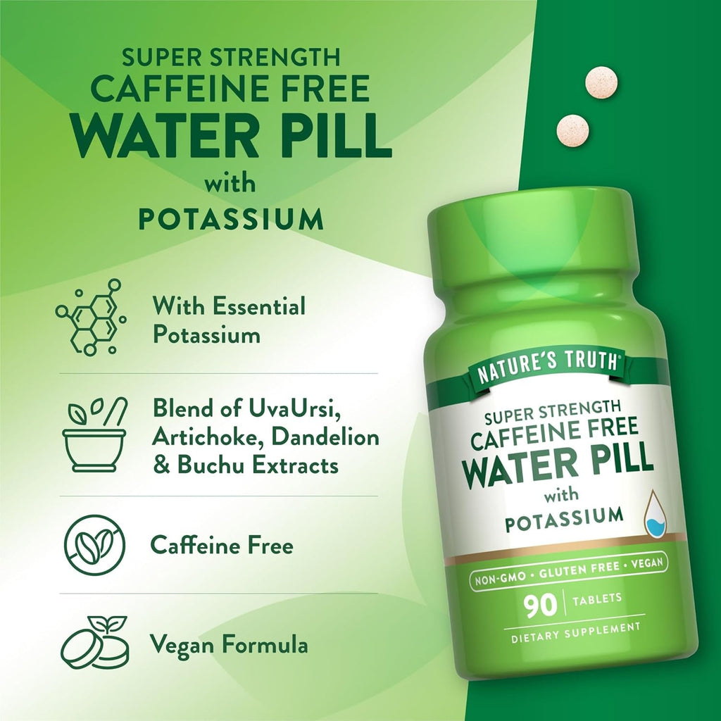 Nature'S Truth Super Strength Water Pill with Potassium | 90 Count | Caffeine Free | Vegan, Non-Gmo & Gluten Free