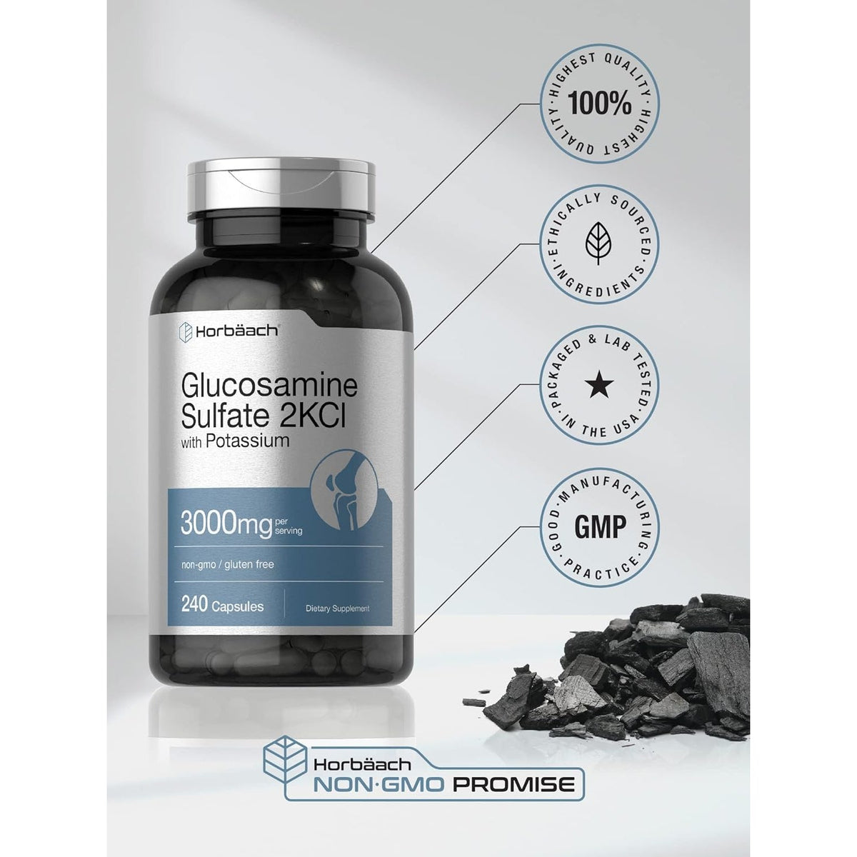 Horbäach Glucosamine Sulfate 2KCI with Potassium | 3000Mg | 240 Capsules | Non-Gmo and Gluten Free Supplement