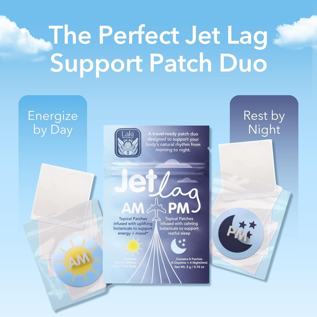 Laki Naturals Jet Lag AM & PM Travel Patches (1 Count, Pack of 8) – Natural Day & Night Support for Travelers – Energy, Focus & Restful Sleep – with B12, Valerian, Lavender & More