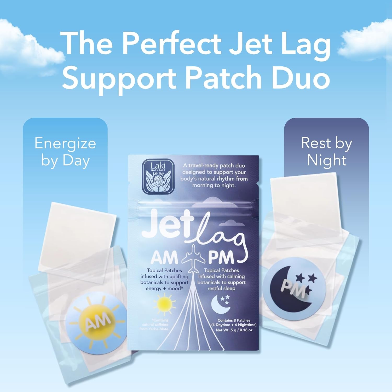 Laki Naturals Jet Lag AM & PM Travel Patches (1 Count, Pack of 8) – Natural Day & Night Support for Travelers – Energy, Focus & Restful Sleep – with B12, Valerian, Lavender & More