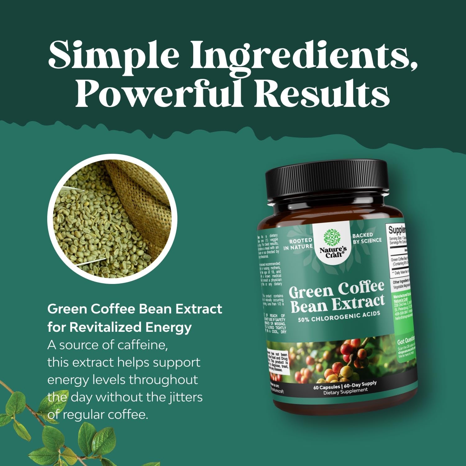 Green Coffee Bean Extract for Metabolism Support - Green Coffee Beans Chlorogenic Acid Supplement for Body Weight Maintenance & Diet Support - Herbal Capsules for Energy and Immune Help - 60 Count