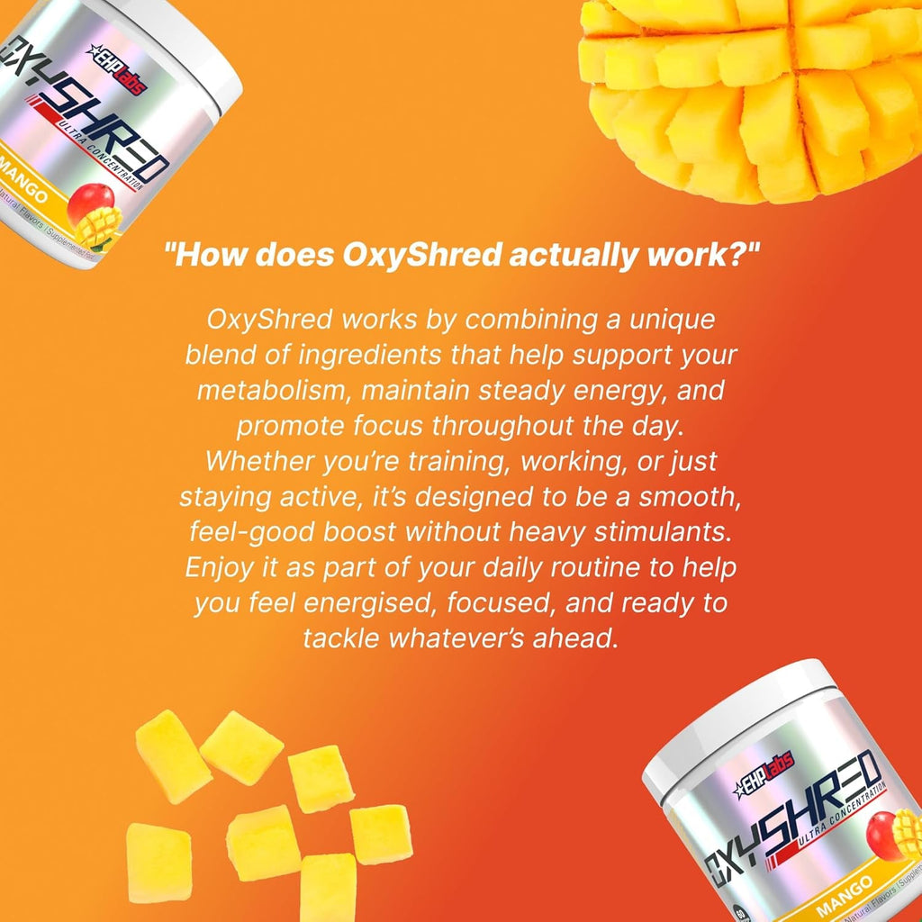 EHP Labs Oxyshred Pre Workout Powder - Preworkout Powder with L Glutamine & Acetyl L Carnitine, Energy Boost Drink - Mango, 60 Servings
