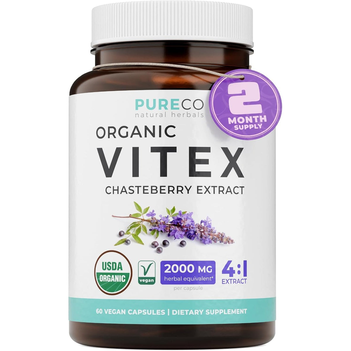 Organic Vitex Chasteberry Supplement for Women - High Strength Chaste Tree Berry Extract Supports Hormone Balance for Women from PMS to Menopause - Filler Free Vegan & Non-Gmo (2 Month Supply)