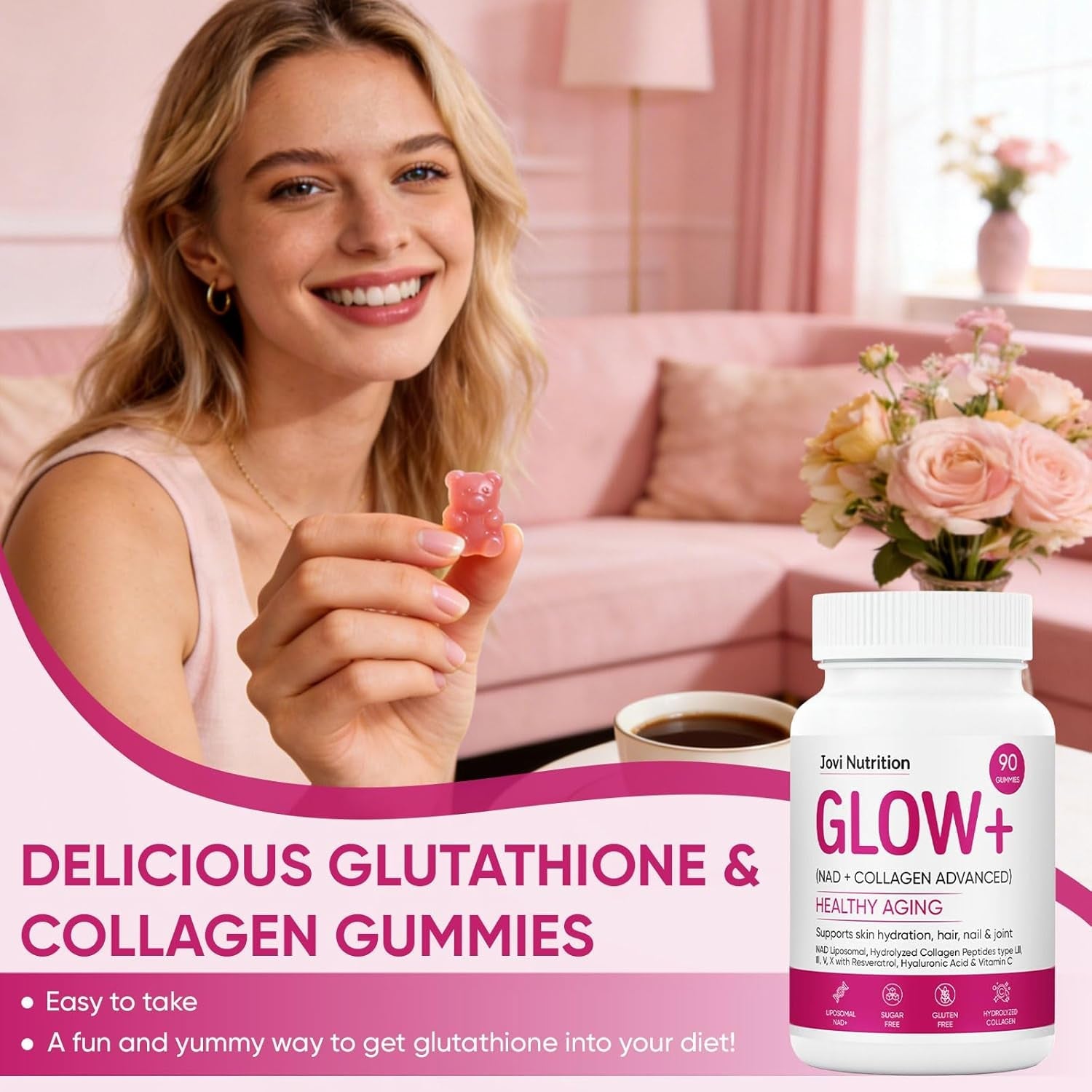 Jovi Glow+ NAD+ & Collagen Gummies, Multi-Type Hydrolyzed Collagen Peptides, Resveratrol, Hyaluronicacid, Vitaminc, Supplement for Skin, Hair, Nails, 90 Count (1, A)