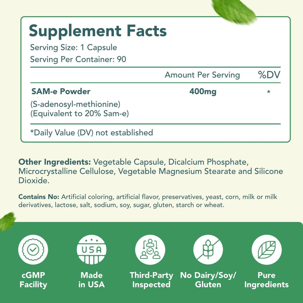 Sam-E 400Mg Capsules - Easy Absorption SAM E Supplement 400Mg from S-Adenosyl-Methionine for Brain Liver and Mood Support - Non-Gmo Gluten Free & Made in Cgmp Facility (90 Servings)