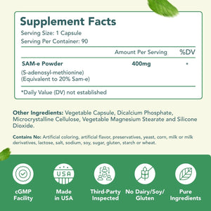 Sam-E 400Mg Capsules - Easy Absorption SAM E Supplement 400Mg from S-Adenosyl-Methionine for Brain Liver and Mood Support - Non-Gmo Gluten Free & Made in Cgmp Facility (90 Servings)