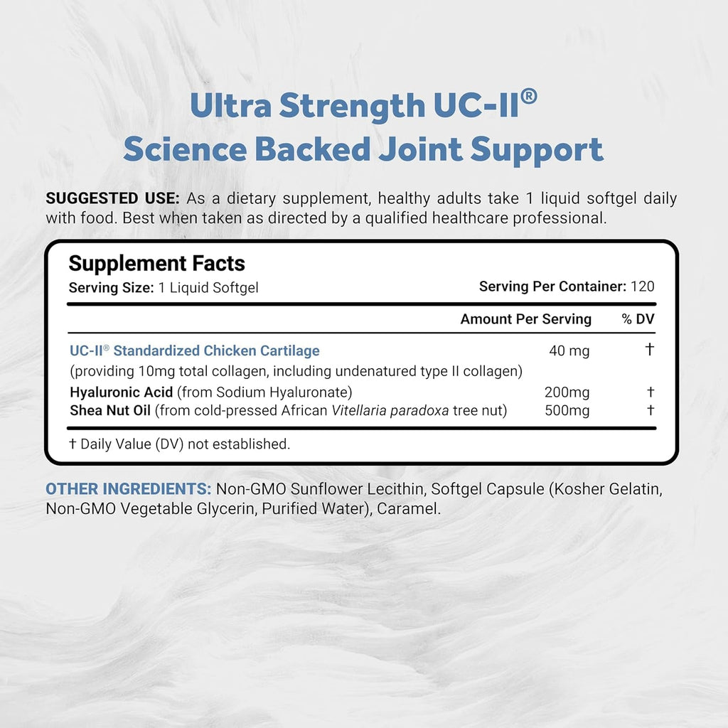Naturalis UC-II 40 Mg with Hyaluronic Acid and Shea Nut Oil | Enhanced Undenatured Type II Collagen for Better Joint Health, Mobility & Flexibility | Gluten-Free & Non-Gmo | 120 Softgels
