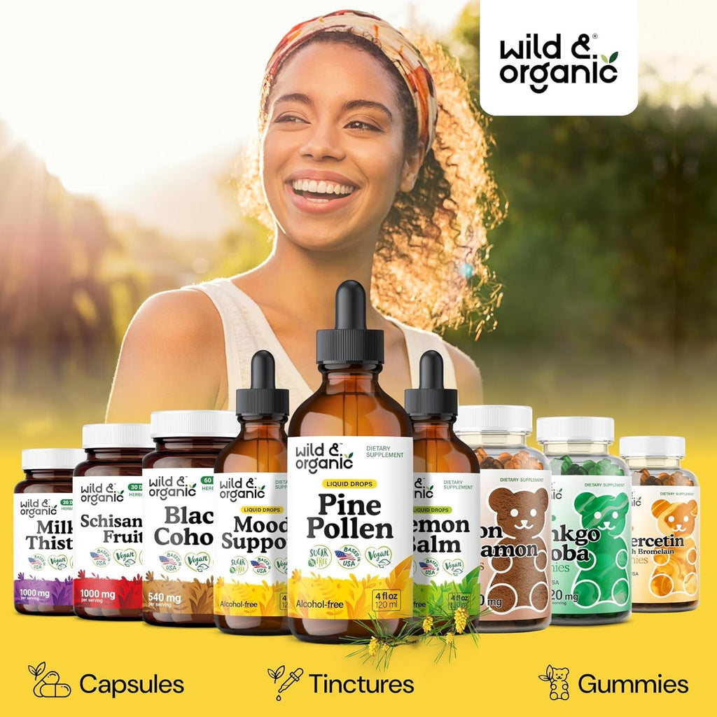 Wild & Organic Pine Pollen Tincture - Pine Pollen for Men & Women - Add to Tea & Drink - Pure Pinus Massoniana Extract Drops - Vegan, Sugar & Alcohol-Free Liquid Supplement - 4 Fl Oz