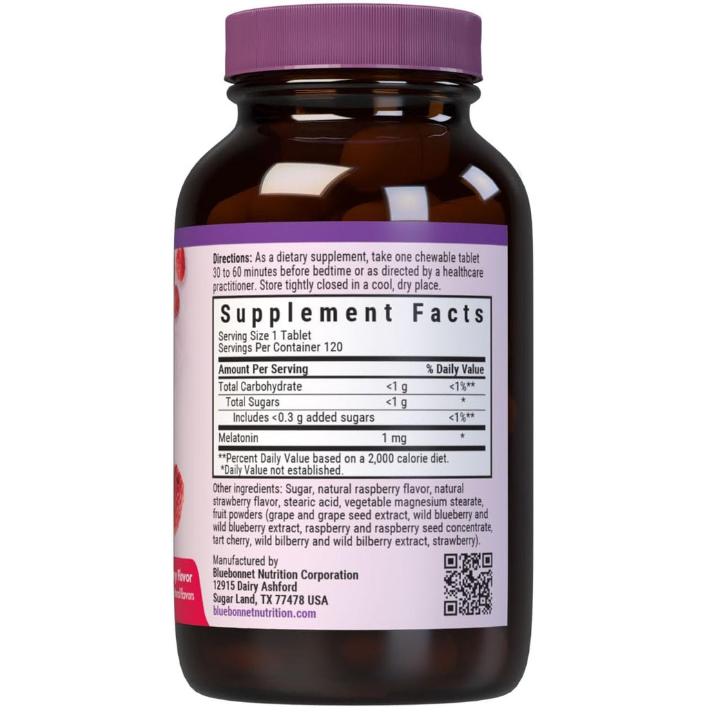 Bluebonnet Nutrition Earthsweet Melatonin 1 Mg Fast-Acting Quick Dissolve Nighttime Relaxation & Restful Sleep Support - Sleep Aid - Gluten-Free, Vegan - Raspberry Flavor - 120 Chewable Tablets