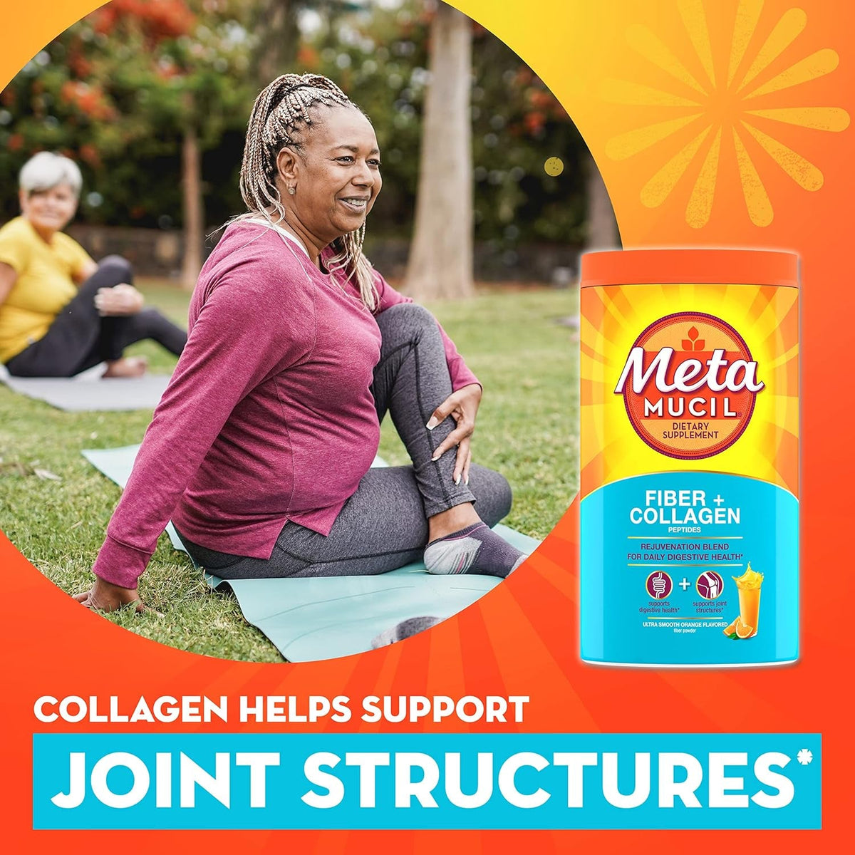 Metamucil Daily Fiber + Collagen, Psyllium Husk Powder, Plant Based Fiber Supplement, Sugar-Free with Stevia, 3-In-1 Fiber Supplement for Digestive Health, Orange Flavored, 90 Doses