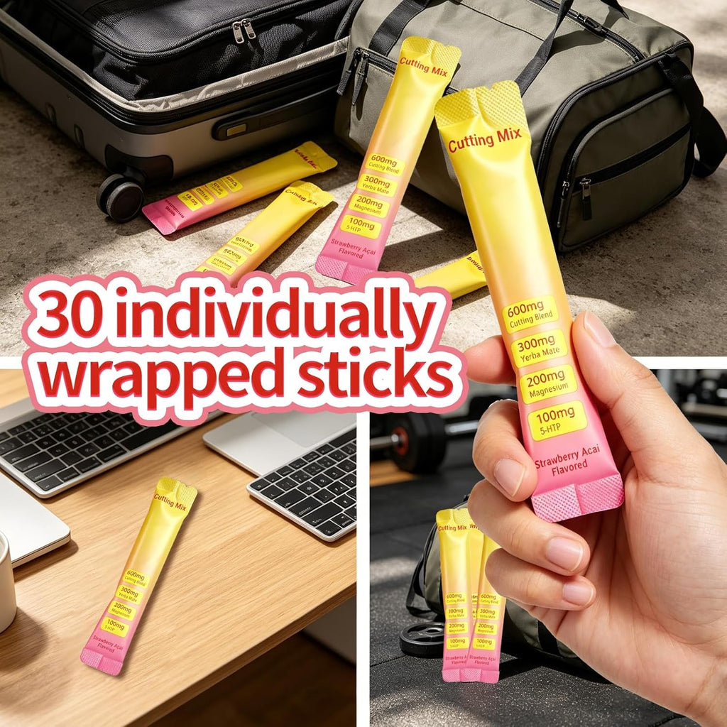 Cutting Drink Mix | Supports Satiety Signaling,Supports Energy & Gut Health with Berberine&Chromium&Fos&Yerba Mate & 5-Htp,Strawberry Açaí – 30 Sticks