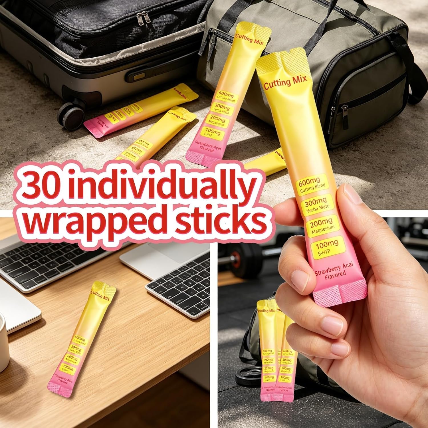 Cutting Drink Mix | Supports Satiety Signaling,Supports Energy & Gut Health with Berberine&Chromium&Fos&Yerba Mate & 5-Htp,Strawberry Açaí – 30 Sticks
