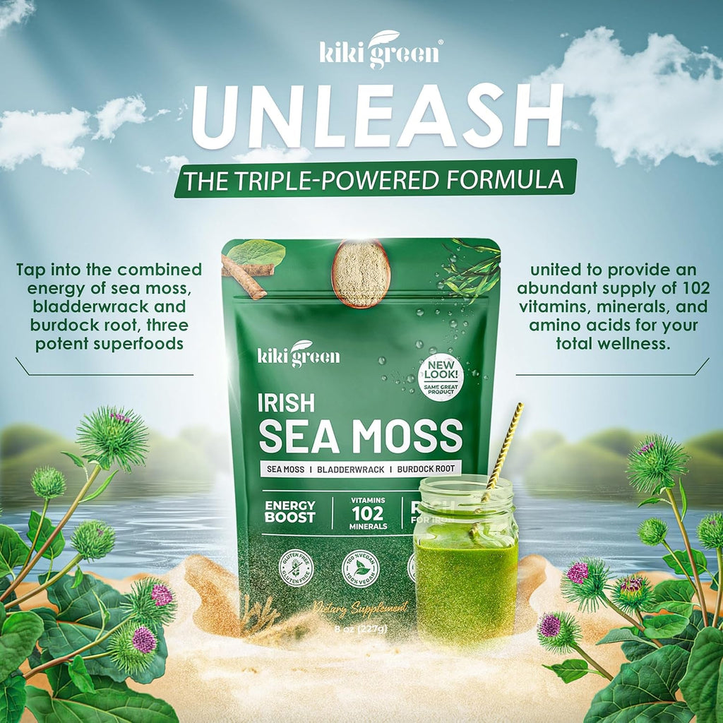 KIKI Green Irish Sea Moss Powder 8 Oz - with Bladderwrack Burdock Root Extract for Immune Support - Keto, Vegan Supplement