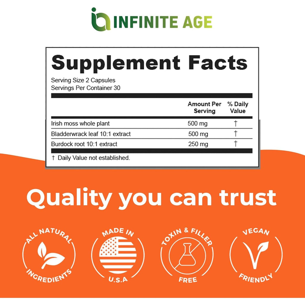 INFINITE AGE 1250Mg Sea Moss Advanced Superfood Capsules, 60 Count - High-Potency, Vegan, Made in the USA - Irish Seamoss, Bladderwrack, Burdock Root - Overall Health, Immunity Support
