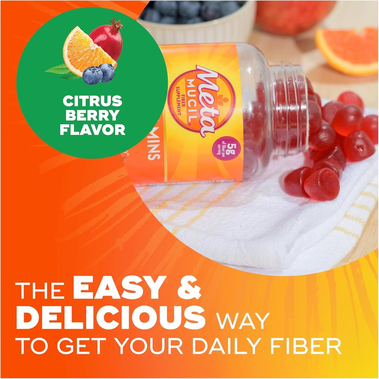 Metamucil Fiber Gummies for Adults with Vitamins C, D, B12 for Metabolism, No Sugar Added Citrus Berry Flavor, 5G Plant Based Prebiotic Fiber Supplement Blend, 120 Count