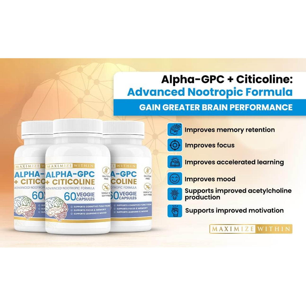 Alpha GPC + Citicoline 60 Ct, 1600Mg Concentrated Formula- 99%+Highly Purified & Bioavailable Nootropic-Cognitive Enhancer, Supports Memory, Brain Function, Boosts Focus, Mood & Energy
