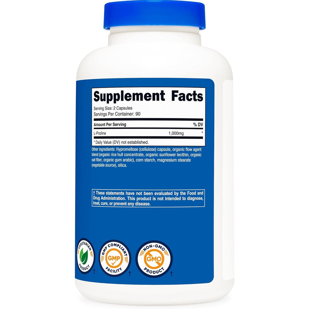 Nutricost L-Proline 1000Mg, 180 Capsules (90 Servings) - 500Mg per Cap, Non-Gmo, Gluten Free