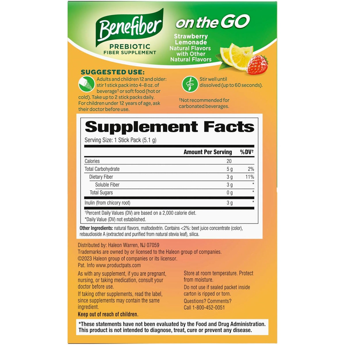 Benefiber GLP-1 Friendly Fiber Supplement, Strawberry Lemonade, on the Go Stick Packs, 36 Count
