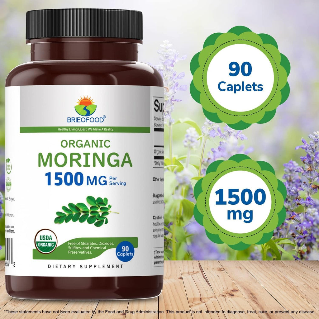 Brieofood Organic Moringa 1500Mg, 45 Servings, Vegetarian, Gluten Free, 90 Vegetarian Tablets