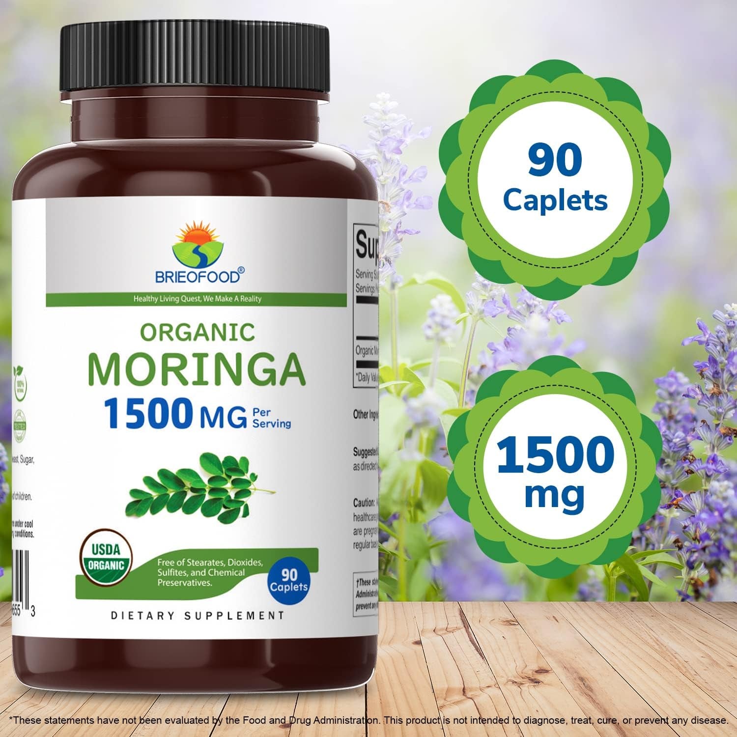 Brieofood Organic Moringa 1500Mg, 45 Servings, Vegetarian, Gluten Free, 90 Vegetarian Tablets