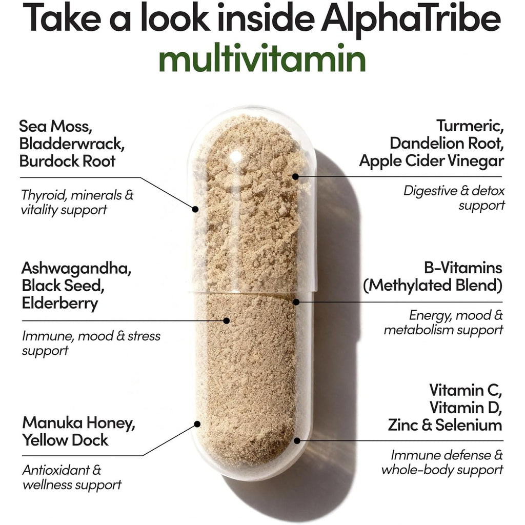 Alpha Tribe Multivitamin for Men with Seamoss Black Seed Oil Ashwagandha Burdock Root, Turmeric Bladderwrack, Vitamin C, Elderberry, Manuka, Yellow Dock | Daily Men'S Vitamins and Minerals Supplement