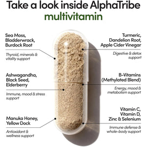 Alpha Tribe Multivitamin for Men with Seamoss Black Seed Oil Ashwagandha Burdock Root, Turmeric Bladderwrack, Vitamin C, Elderberry, Manuka, Yellow Dock | Daily Men'S Vitamins and Minerals Supplement