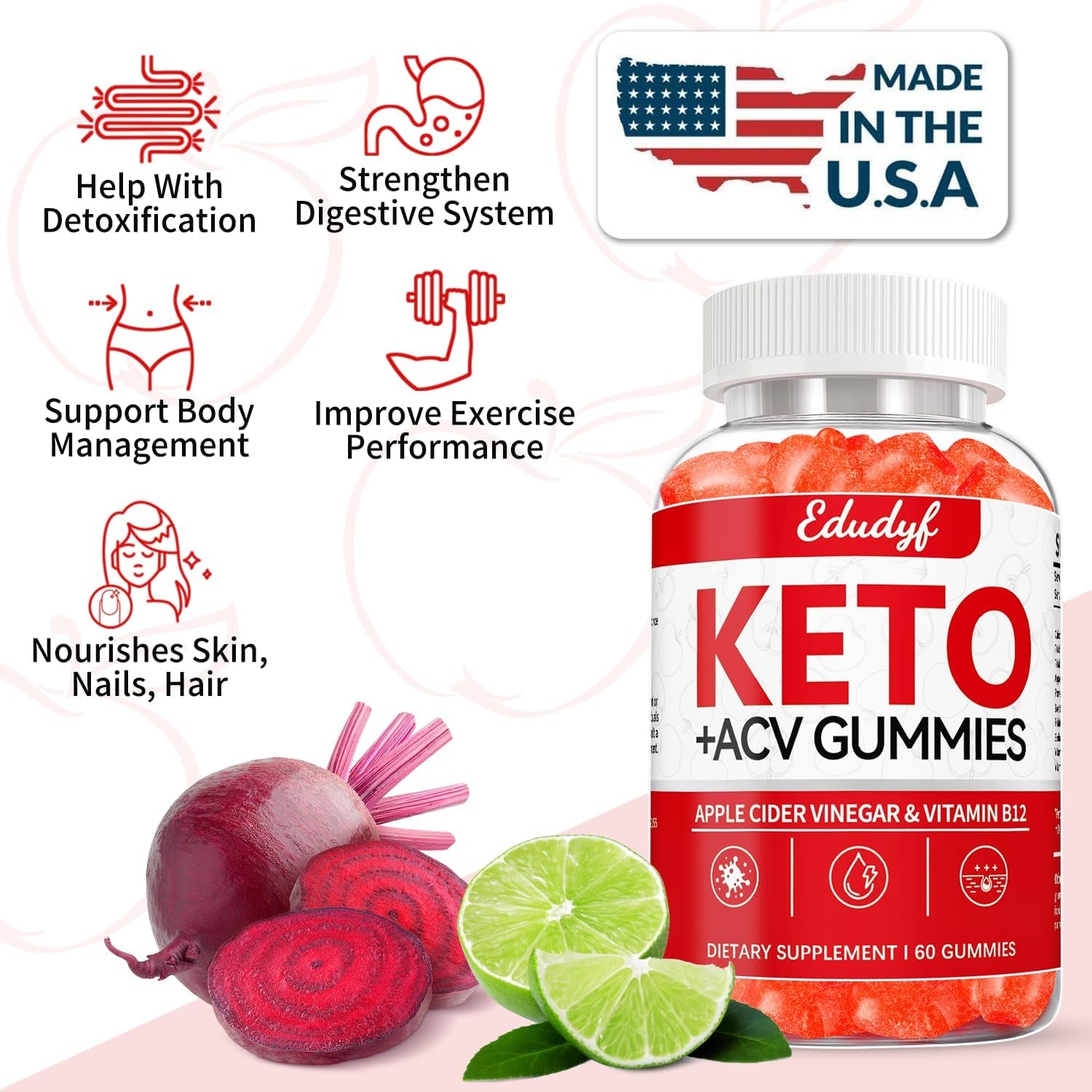 Keto ACV Gummies - 60 Count Gluten-Free, Gelatin-Free Apple Cider Vinegar Gummies with B12 for Keto Support, Vegetarian, Unique Flavor, Convenient Bottled Supplement for Men & Women
