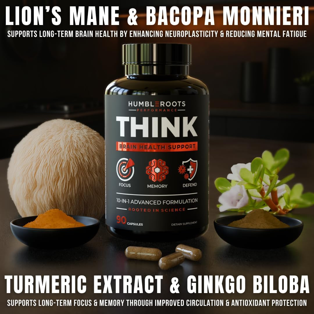 All-Natural Brain Supplement for Memory and Focus - Caffeine-Free Long-Term Cognitive Support - 10 Nootropic Ingredients Including Lion’S Mane, Bacopa, Turmeric, Ginkgo & Huperzine a - 90 Capsules