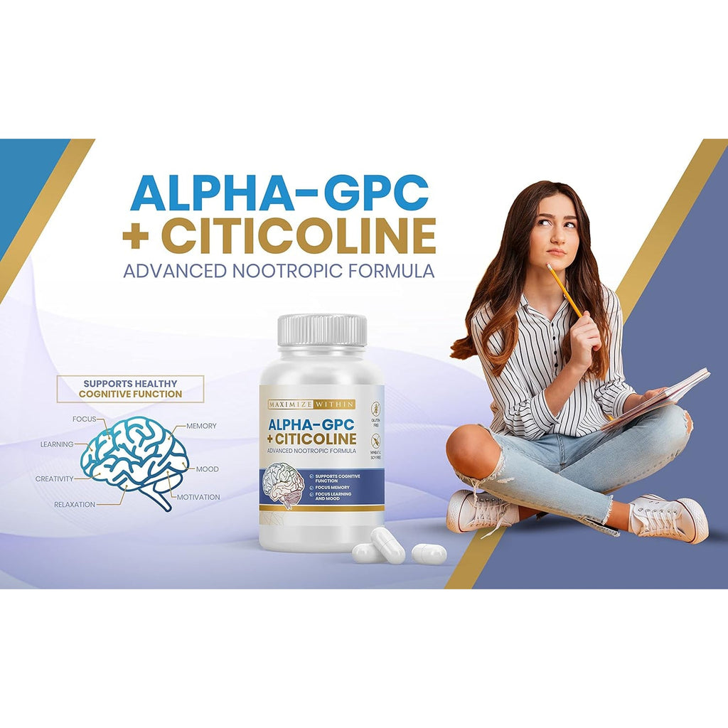 Alpha GPC + Citicoline 60 Ct, 1600Mg Concentrated Formula- 99%+Highly Purified & Bioavailable Nootropic-Cognitive Enhancer, Supports Memory, Brain Function, Boosts Focus, Mood & Energy
