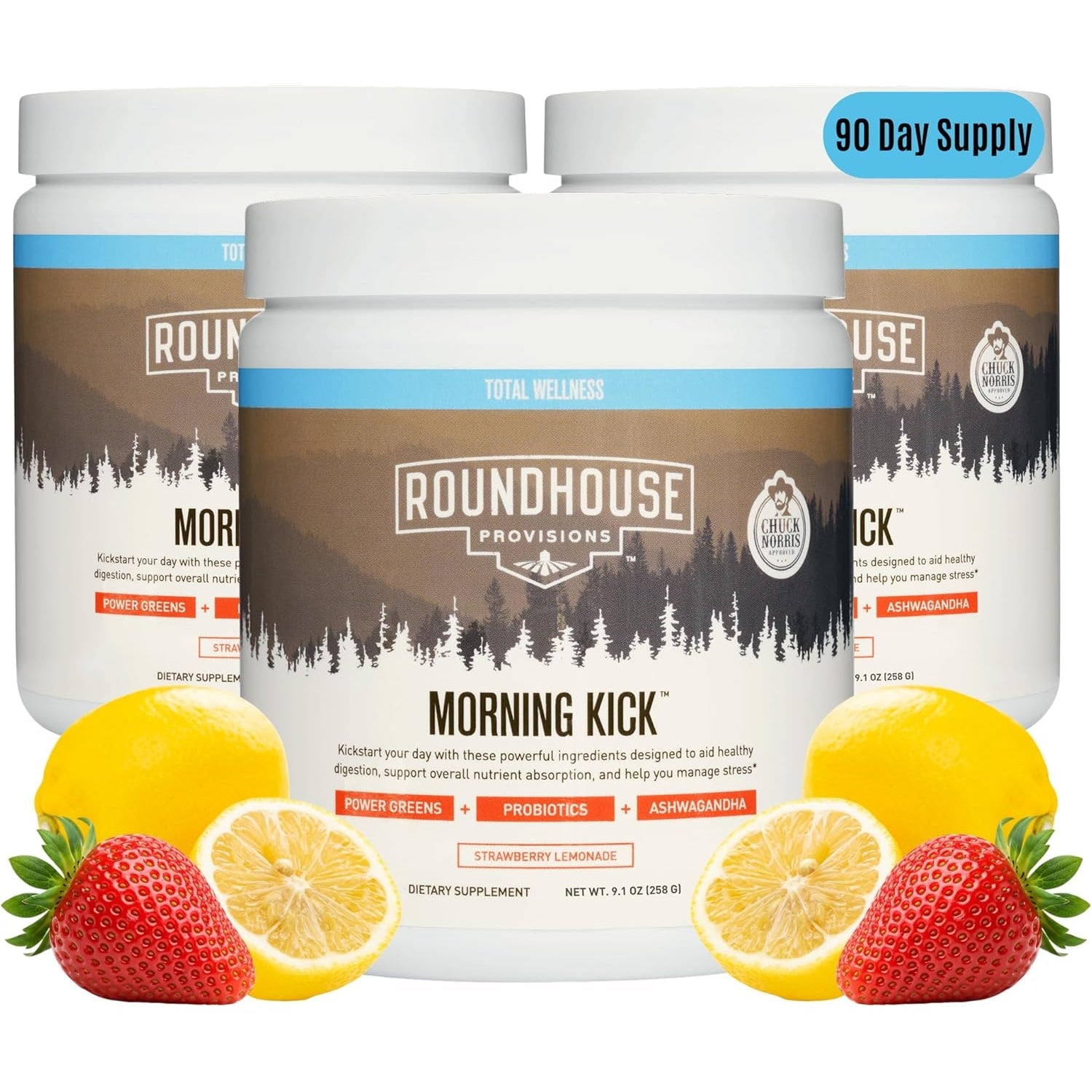 ROUNDHOUSE PROVISION Morning Kick, Greens Superfood Powder Supplement with Ashwagandha, Collagen & Probiotics - Sugar Free, Caffeine Free (3 Pack, Strawberry Lemonade Flavor) by Chuck Norris