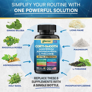 Corti-Smooth Cortisol Supplement Magnesium, L-Theanine, Ashwagandha, Phosphatidylserine, Valerian Root, Lions Mane, Bacopa Monnieri, Ginkgo Biloba, Panax Ginseng, Magnolia Bark, GABA (60 Caps)