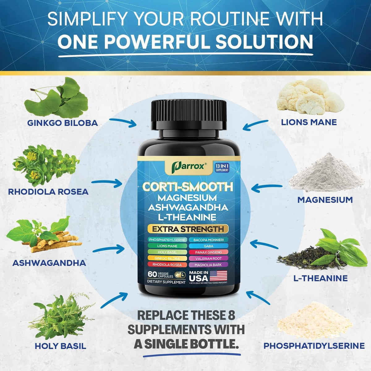 Corti-Smooth Cortisol Supplement Magnesium, L-Theanine, Ashwagandha, Phosphatidylserine, Valerian Root, Lions Mane, Bacopa Monnieri, Ginkgo Biloba, Panax Ginseng, Magnolia Bark, GABA (60 Caps)