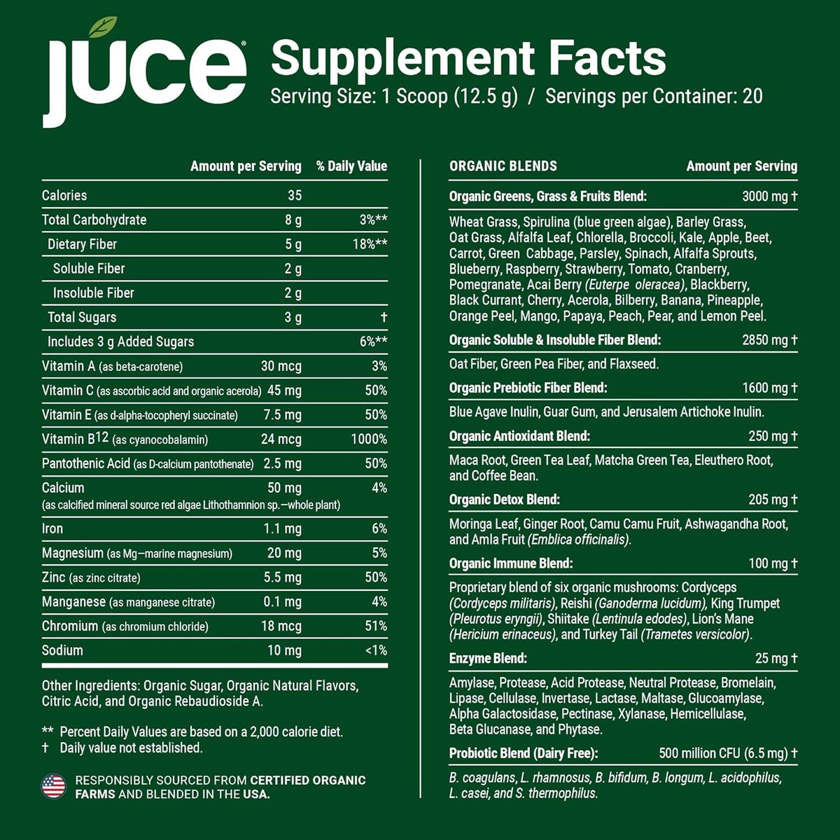 Terra Kai Organics JUCE Green Superfood Powder, Organic Fruits and Veggies Supplement W/ 77 Superfoods plus Prebiotic Probiotic Blend, Harvest Apple Flavor - 20 Servings (250 G)