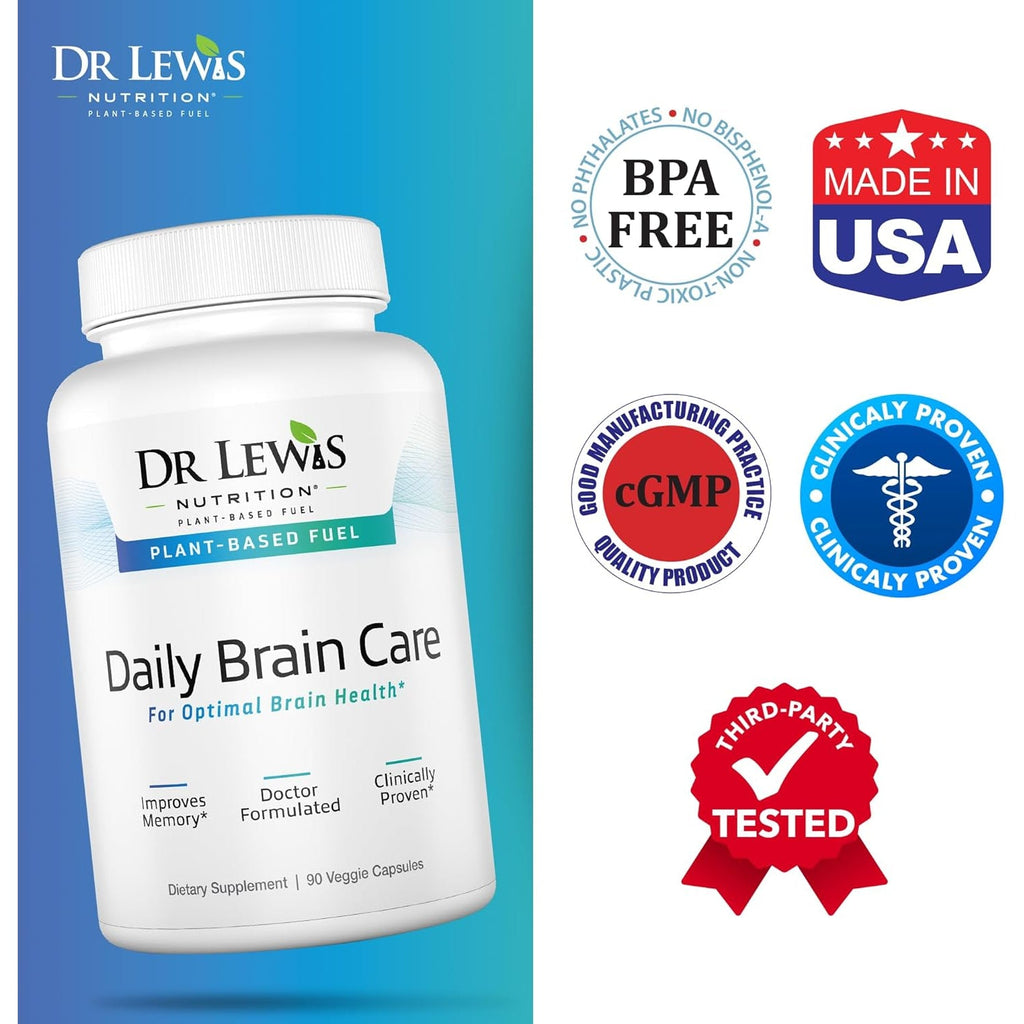 Dr Lewis Daily Brain Care Capsules - Brain Supplements for Memory and Focus with Aloe Vera - Plant-Based Nootropic and Energy Supplement for Brain Fog, Mental Clarity, and Immune Support - 90 Capsules