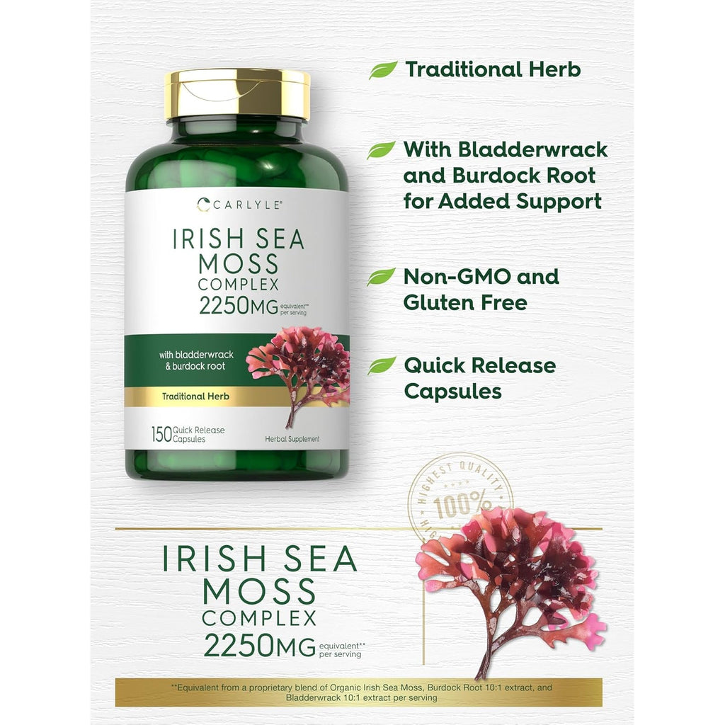Carlyle Irish Sea Moss Capsules | 150 Count | Complex Formula with Bladderwrack & Burdock Root | Non-Gmo & Gluten Free