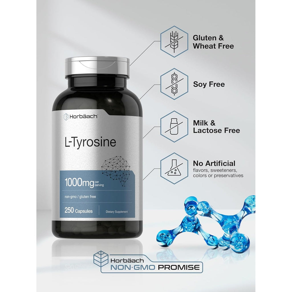 Horbäach L-Tyrosine 1000Mg | 250 Capsules | Amino Acid Supplement | Non-Gmo & Gluten Free
