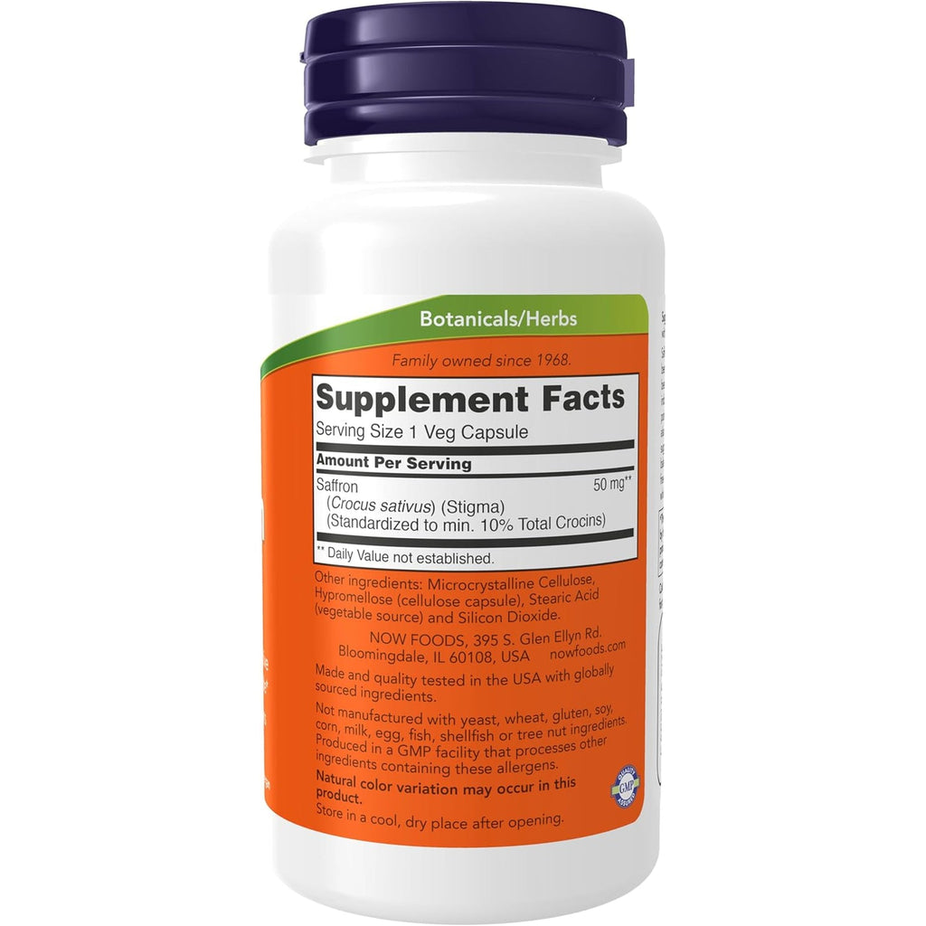 NOW Foods Supplements, Saffron Whole Herb 50 Mg with 10% Crocins, 60 Veg Capsules with Microcrystalline Cellulose, Hypromellose (Cellulose Capsule), Stearic Acid (Vegetable Source) and Silicon Dioxide
