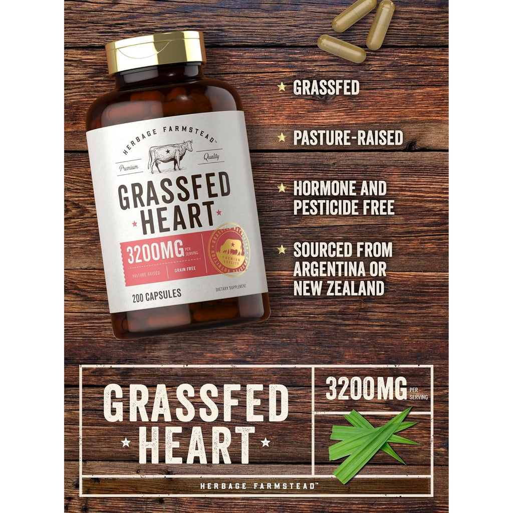 Carlyle Grass Fed Beef Heart Supplement | 3200Mg | 200 Count | Desiccated Pasture Raised Bovine Capsules | Non-Gmo, Gluten Free | by Herbage Farmstead