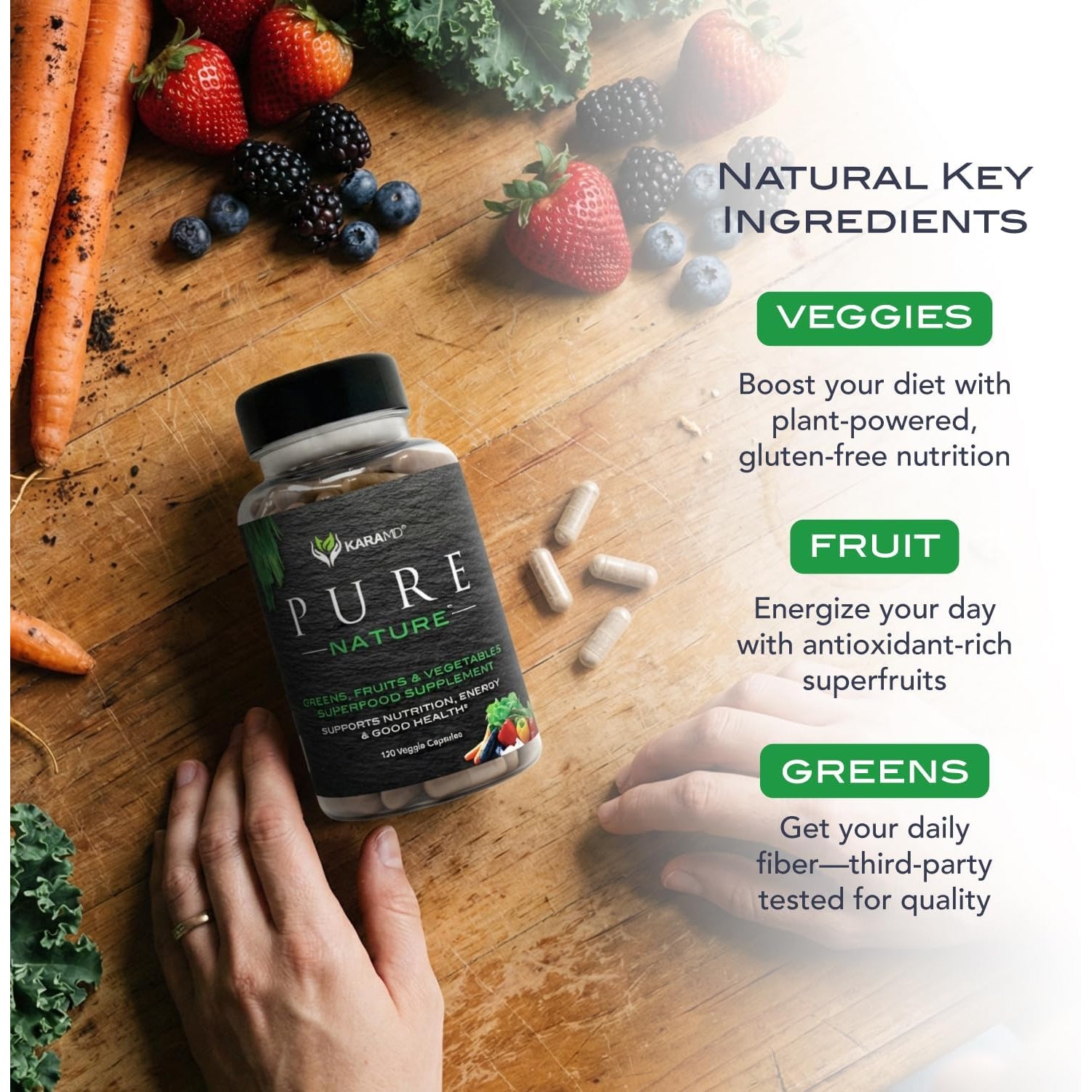 Karamd Pure Nature | Greens, Fruit and Veggies Supplement | Whole Food Multivitamin & Antioxidants |20 Fruits & Vegetables Supplement for Energy & Digestion |Gluten Free & Vegan Friendly (30 Servings)