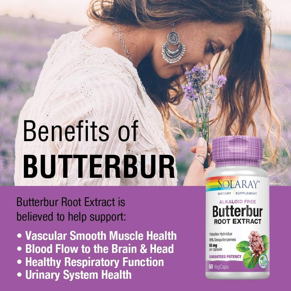 SOLARAY Butterbur Root Extract 50 Mg Supplement for Men & Women - Powerful Herbal Support, Vegan Butterbur Capsules - 60 Veg Caps