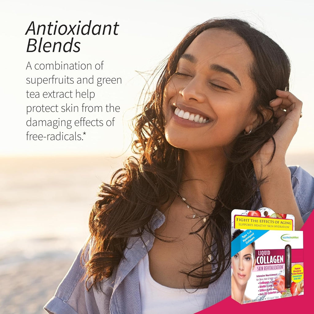 Applied Nutrition Liquid Collagen Skin Revitalization - 10 Liquid Tubes, Pack of 2 - Collagen, Biotin & Silica - Tropical Strawberry & Kiwi Flavor - 20 Servings