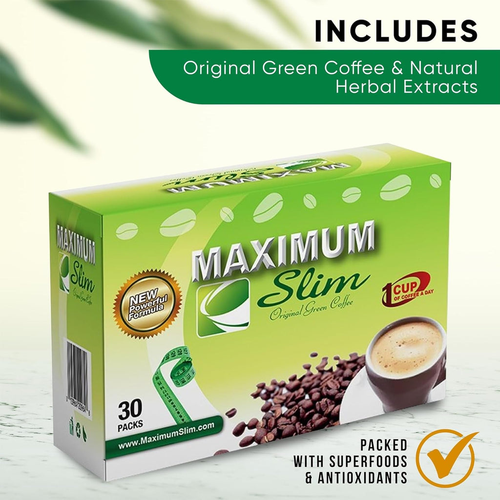 Maximum Slim Original Green Coffee –Premium 4-In-1 Formula with Natural Herbal Extracts for Energy & Vitality. Creamy & Delicious for Maximum Satisfaction. No Messy Side Effects-Made in the USA-30 Ct
