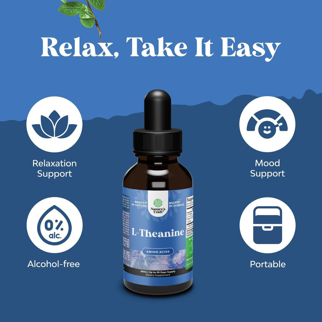 High Absorption L-Theanine Liquid Drops - Nootropic Focus Supplement with L Theanine 200Mg per Serving and Chamomile Extract Supplement for Adults and Kids Relaxation and Focus - 2 Fl Oz