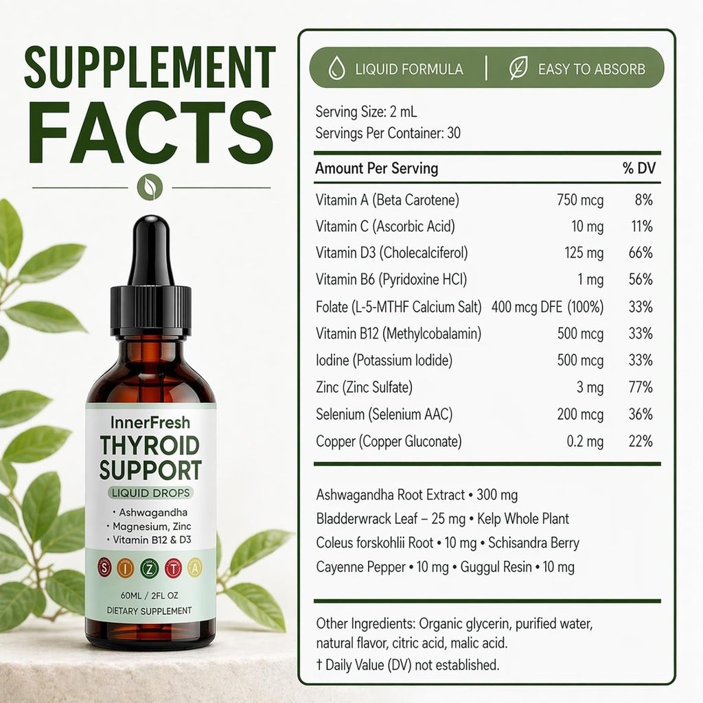 Thyroid Support Drops, Thyroid Support Liquid Drops for Women & Men, with Ashwagandha, Vitamin B12 & D3 and Magnesium, Help Support Mood, Promote Metabolism, 60 ML/2FL OZ